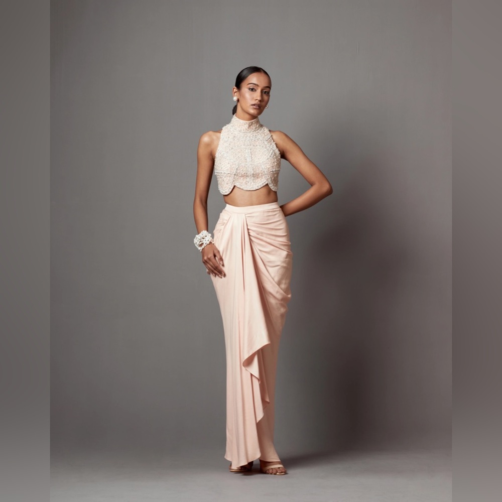 Pastel Pink Dull Crepe Satin Wrap Skirt Set